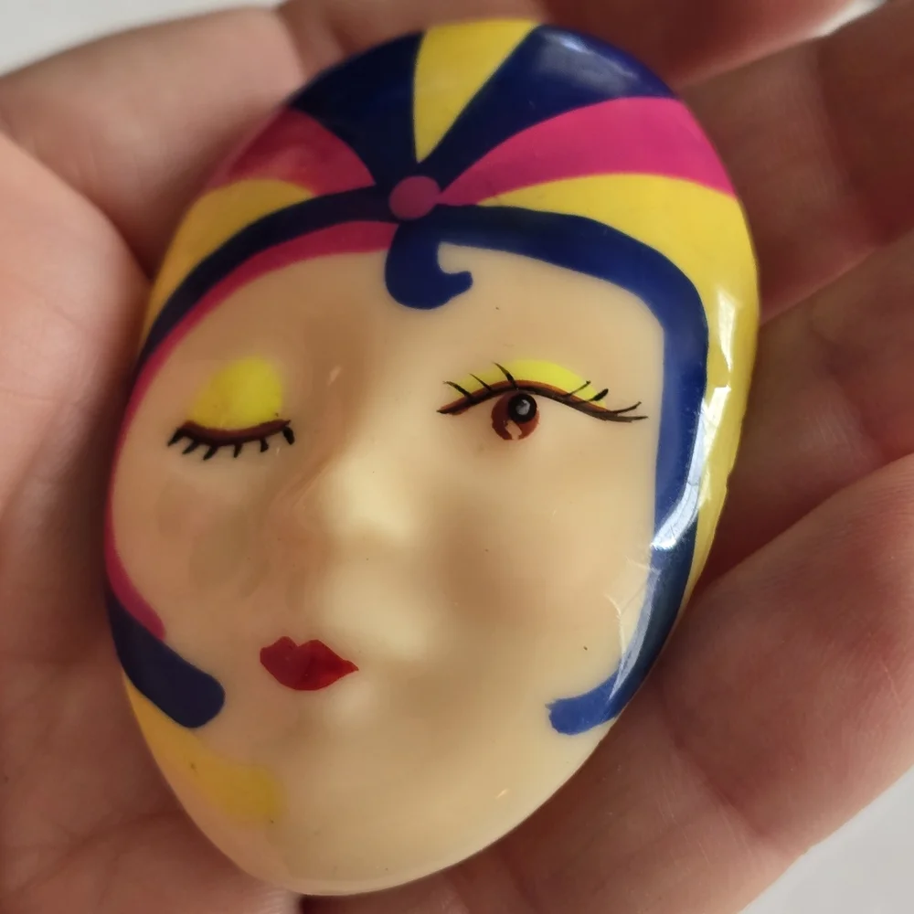 Vintage flapper brooch neon plastic woman head face art deco pin
